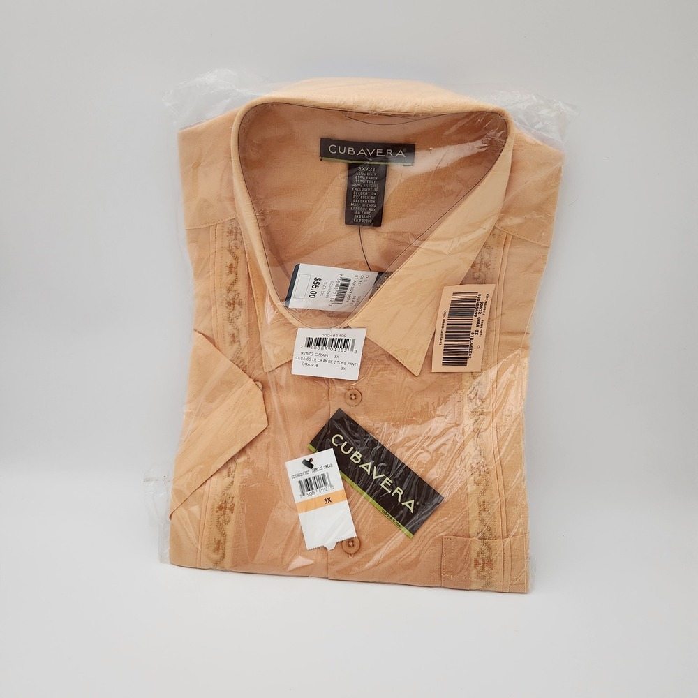 Cubavera Guayabera Shirt Mens 3X Orange Linen Blend Embroidered Short Sleeve NEW